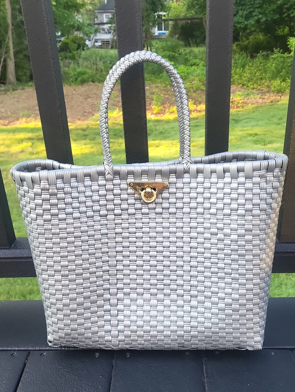 Woven Metallic Silver Tote Bag with Gold Accent